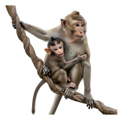 Mother monkey cuddles her baby while perched on a branch