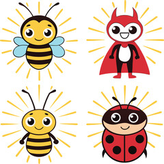 Fototapeta premium Vector art of cute cartoon insects and devil character isolated on white background