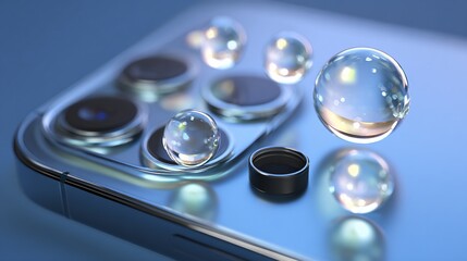 Phone camera module with floating water droplets; abstract macro on blue surface; advertising use