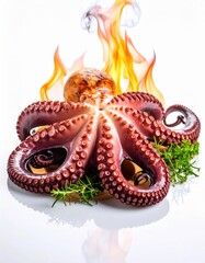 Fototapeta premium Grilled octopus on fire with herbs and lemon garnish on white background