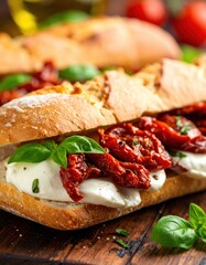 Delicious caprese sandwich with sun-dried tomatoes, fresh mozzarella, and basil