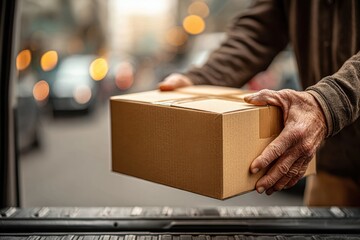A delivery person is placing a brown cardboard box into the back of a van during the day, with lights and traffic visible in the background showing transit.