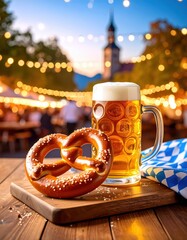 Oktoberfest celebration with beer and pretzel at outdoor beer garden in warm evening light