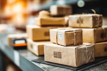 A stack of neatly packed cardboard boxes tied with twine, ready for shipping, on a metal surface with a blurred warehouse environment and bright light, logistics.