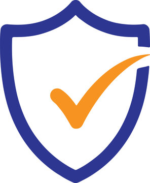 recommend clip art: Blue shield outline with orange check mark inside on white background security protection