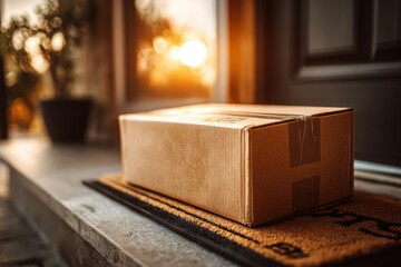 A cardboard box delivered to the front door on a doormat, with sunlight shining through the window, providing online shopping convenience and at home delivery service.