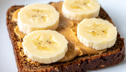 Rye bread with peanut butter and banana slices. Tasty snack. Delicious food for breakfast. Cooking