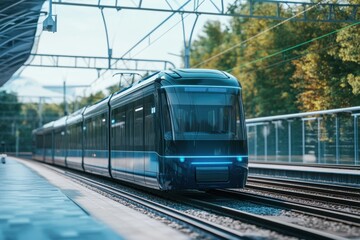 Fototapeta premium Modern electric train arriving at bustling station during clear daytime