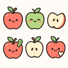 Set of 6 cute cartoon apple icons with colorful and playful designs on white background. Perfect for healthy food branding, kids’ projects, and cheerful illustrations