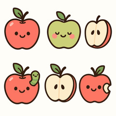 Cartoon apple icon set with 6 adorable designs, from whole apples to fun slices, on white background. Ideal for stickers, menus, and fruit-themed creative projects