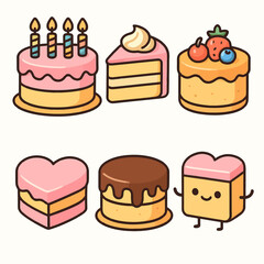 Set of 6 cute cartoon cake icons with colorful and sweet designs on white background. Perfect for celebration graphics, menus, and playful illustrations