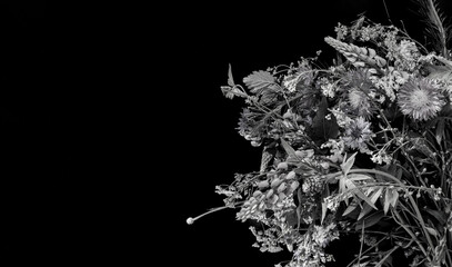 Black and White Wildflower Bouquet on Black Background. Elegant monochrome bouquet of wildflowers with detailed textures on a black background. Copy space.