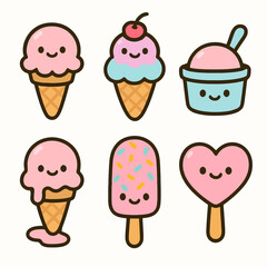 Set of 6 cute cartoon ice cream icons with colorful and playful designs on white background. Perfect for menus, kids’ projects, and summer-themed illustrations
