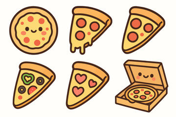 Cartoon pizza icon set with 6 adorable designs, from whole pizza to happy slices, on white background. Ideal for stickers, menus, and creative food projects