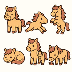 Set of 6 cute cartoon horse icons with colorful and playful designs on white background. Perfect for kids’ illustrations, farm themes, and decorative projects