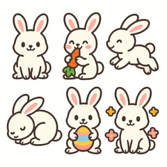 Set of 6 cute cartoon rabbit icons with playful and gentle poses on white background. Perfect for children’s designs, Easter themes, and pet illustrations