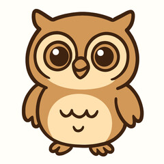 Adorable brown cartoon owl with big eyes and round body on white background. Ideal for children’s illustrations, games, and nature-themed projects