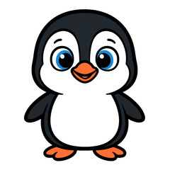 Cute cartoon penguin with black and white body, orange beak, and a happy smile on white background. Perfect for kids’ books, stickers, and playful winter designs