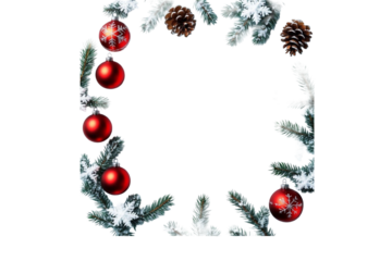 Christmas frame with red ornaments and pinecones on snowy background  
