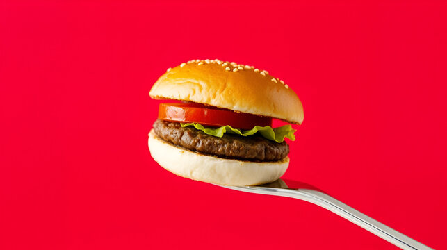a hamburger on a fork with red background