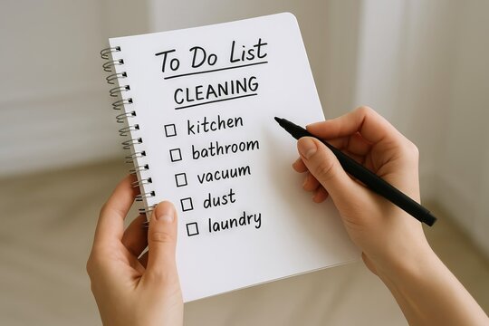 To-do list for cleaning with tasks for kitchen, bathroom, vacuum, dust, laundry. concept of housework planning, organizing chores, keeping home clean.