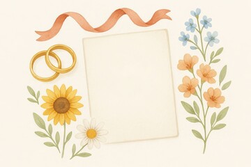 Watercolor wedding invitation template with golden rings, sunflowers, daisies, wildflowers and ribbon. Blank card for text or message. Romantic floral frame for marriage announcement or save the date