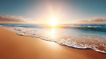 Obraz premium Golden sunset over a tranquil ocean beach.