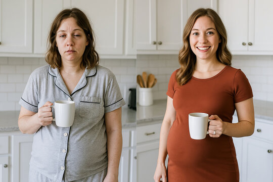 Tired pregnant woman in pajamas holding coffee mug before morning routine compared to happy pregnant woman in casual dress smiling in kitchen. maternity lifestyle, before and after comparison