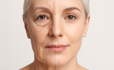 Portrait of a woman illustrating the transformation of aging with half face wrinkled and other half youthful. concept of aging process, beauty, skincare, anti-aging treatment.