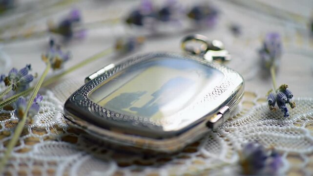 A vintage silver locket case resting on delicate white lace with scattered lavender flowers.