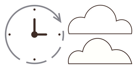 Clock with an arrow symbolizes time and flow, paired with two clouds representing cloud computing or ideas of storage, connection. Ideal for time management, technology, networking, planning, system