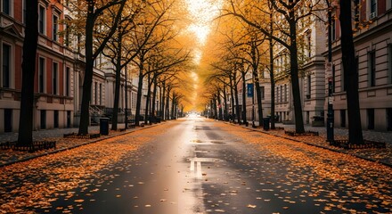 Tree lined street with fallen autumn leaves and sunlight