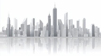 Monochromatic cityscape with skyscrapers, reflected in water. Minimalistic illustration