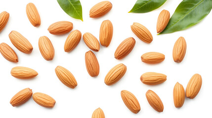 Organic whole almonds isolated on white background for healthy nutritive food advertisement