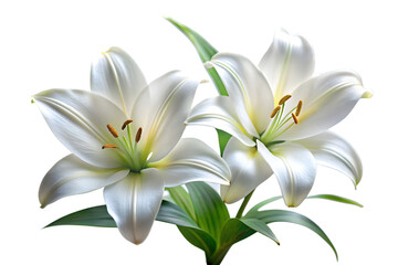 Naklejka premium Two elegant white lilies with delicate petals and green leaves, isolated on a transparent background, symbolizing purity and beauty