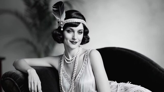 Black and white footage of a woman sitting in a chair, smiles at the camera sensually with charm and confidence