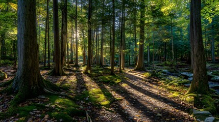 Obraz premium Sunlight streams through a dense forest path.