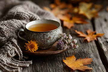 autumn warming tea on a wooden table with autumn tree leaves lying nearby