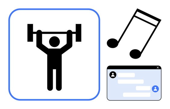 Person lifting a barbell emphasizing fitness, music notes for entertainment, and messaging screen for communication. Ideal for health, sports, music, apps, gym motivation, social media simple