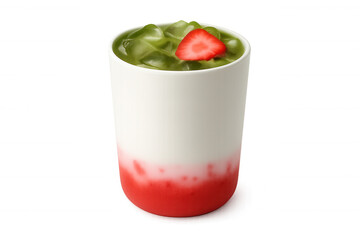 Chilled matcha strawberry milk tea garnished with strawberry slice, resting on translucent surface with scattered ice cubes