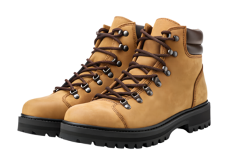 A pair of sturdy tan work boots, featuring dark laces and a thick black sole, stands isolated as a transparent png.