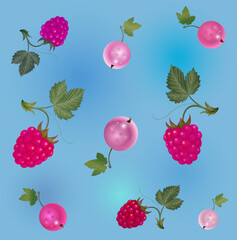 Seamless tile pattern with different pink berries: raspberries and currants
on a blue background