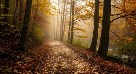 Path through autumn forest bathed in golden sunlight with fallen leaves