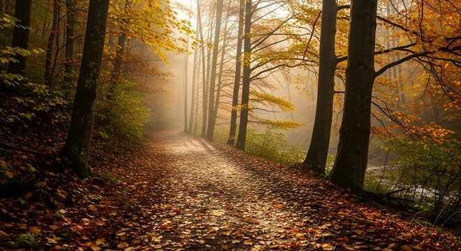 Path through autumn forest bathed in golden sunlight with fallen leaves