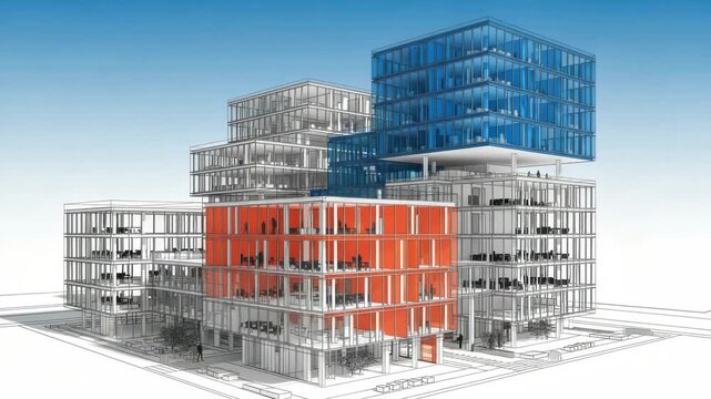 A striking architectural rendering showcases a modern, multistory office building with a distinctive orange facade and a blue glasstop floor, set against a clear blue sky