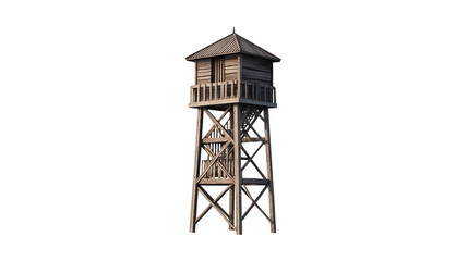 A wooden watchtower stands isolated on a white background, showcasing its sturdy structure, rustic design, and elevated lookout platform.
