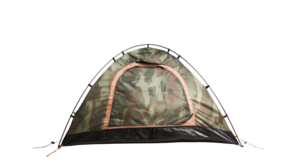 A portable camping tent set up and isolated on a clean white background or transparent png 