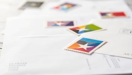 Fototapeta premium Stamps on envelopes arranged on a white table representing postal items 