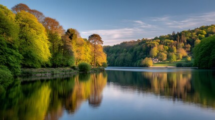 Fototapeta premium Serene lake reflecting vibrant trees and hills.