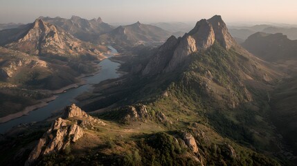 High angle view of a mountain range with a lake.